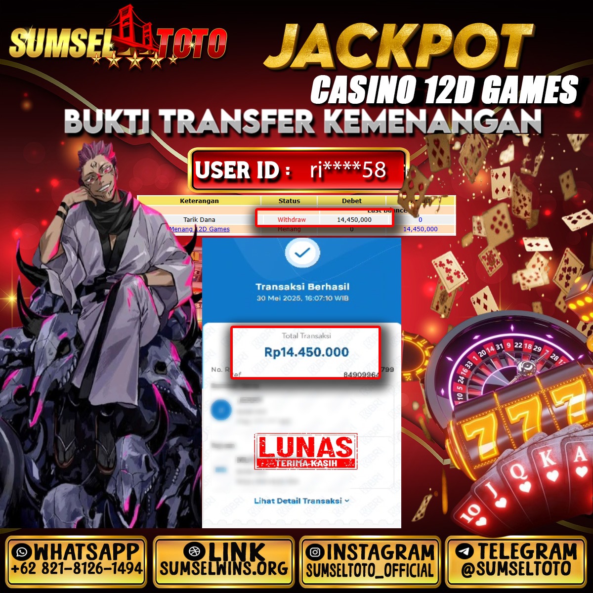 SUMSELTOTO JACKPOT CASINO 12D Rp.14,450,000.,- LUNAS