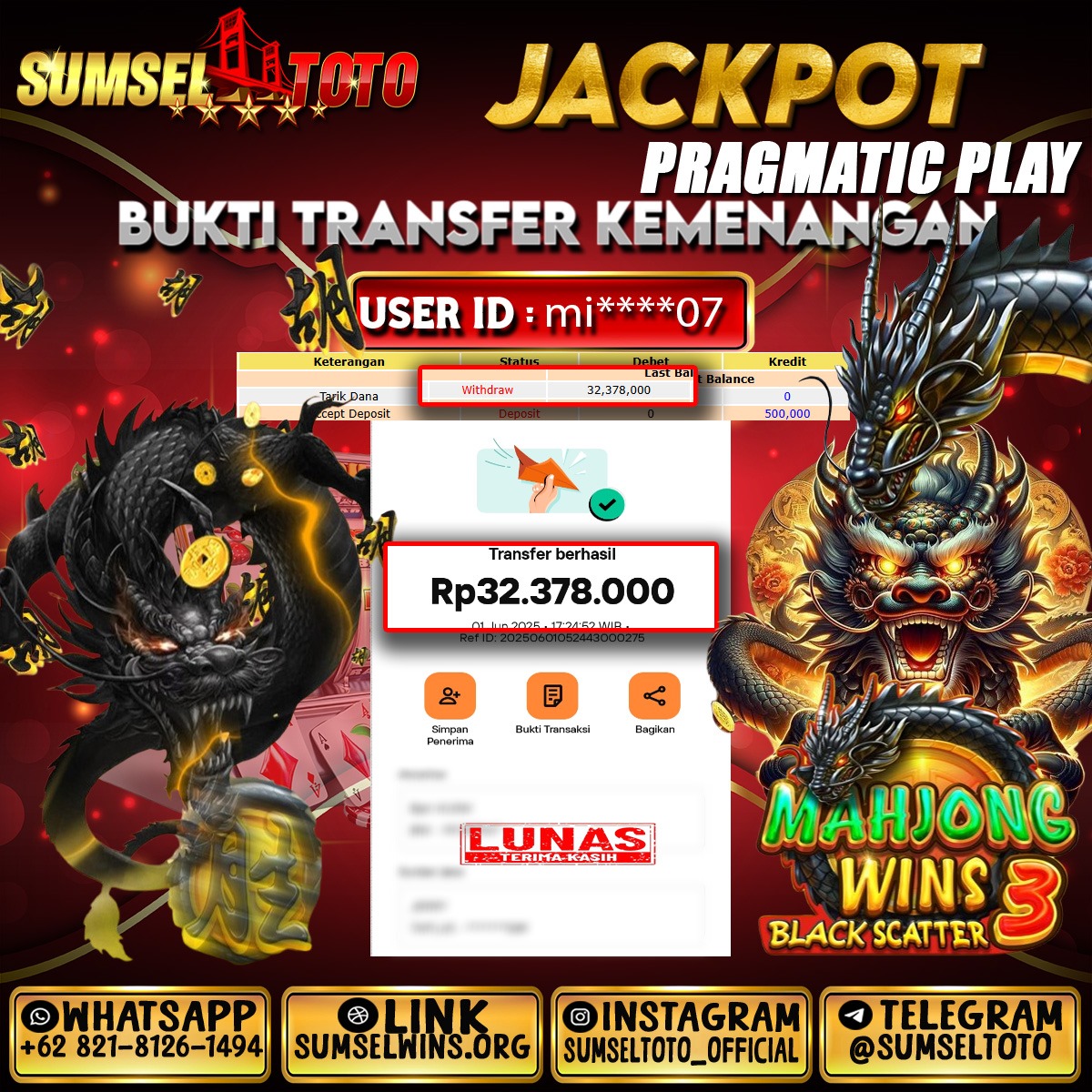 SUMSELTOTO JACKPOT MAHJONG WINS 3 BLACK SCATTER Rp.32,378,000.,- LUNAS
