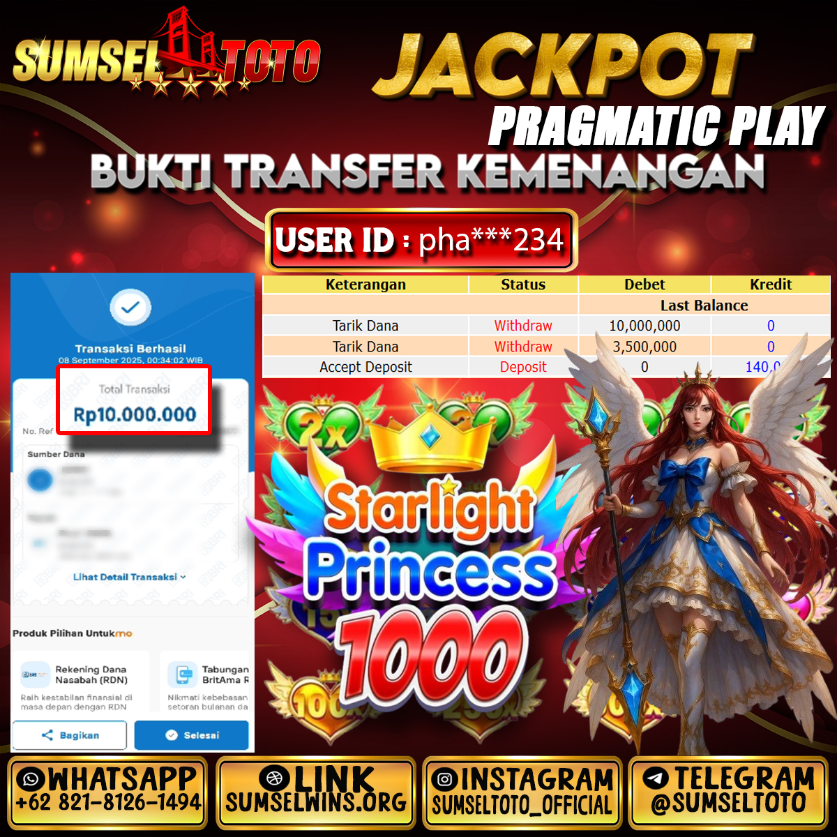 SUMSELTOTO JACKPOT STARLIGHT PRINCESS Rp.10,000,000.,- LUNAS