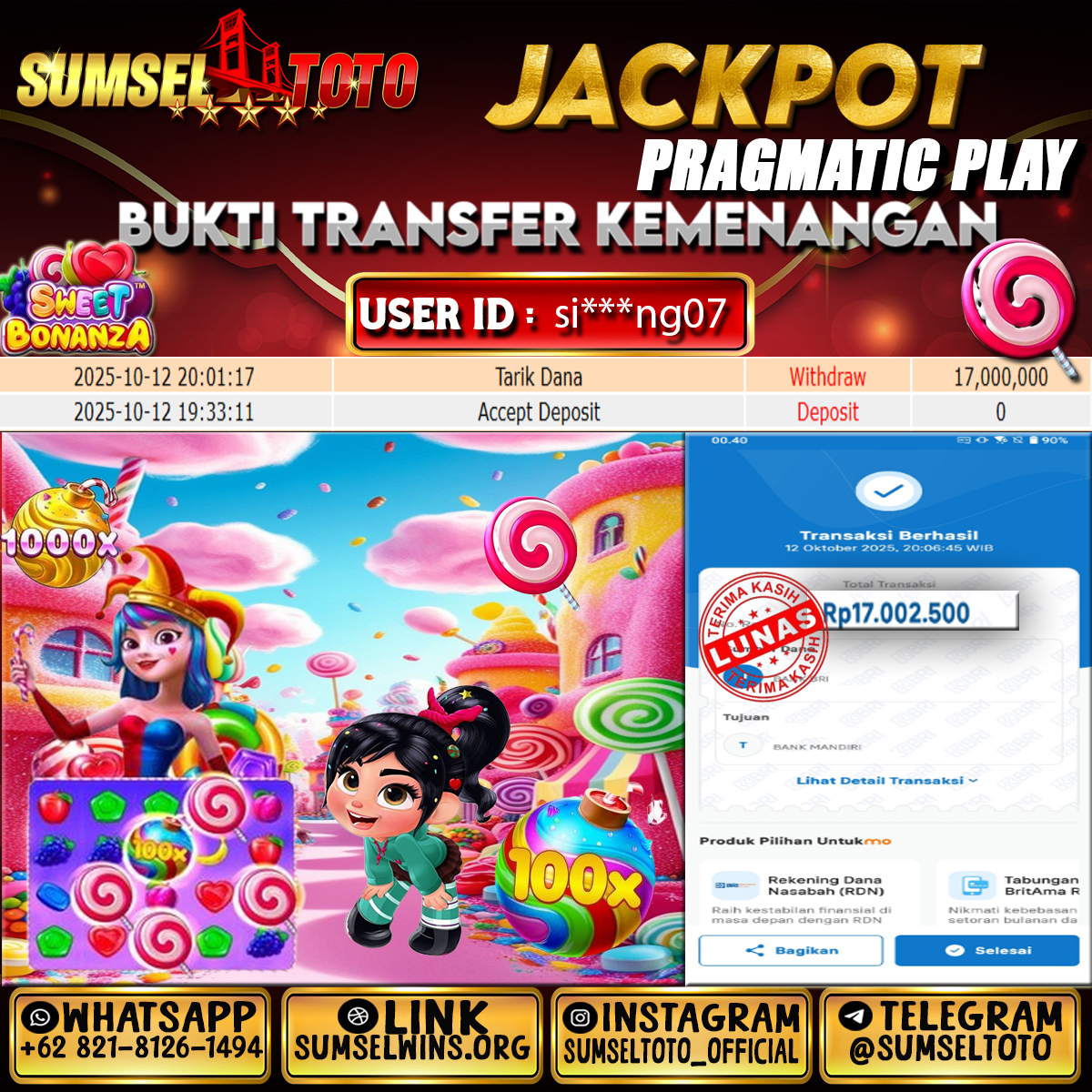 SUMSELTOTO JACKPOT SWEET BONANZA Rp.17.000.000.,- LUNAS