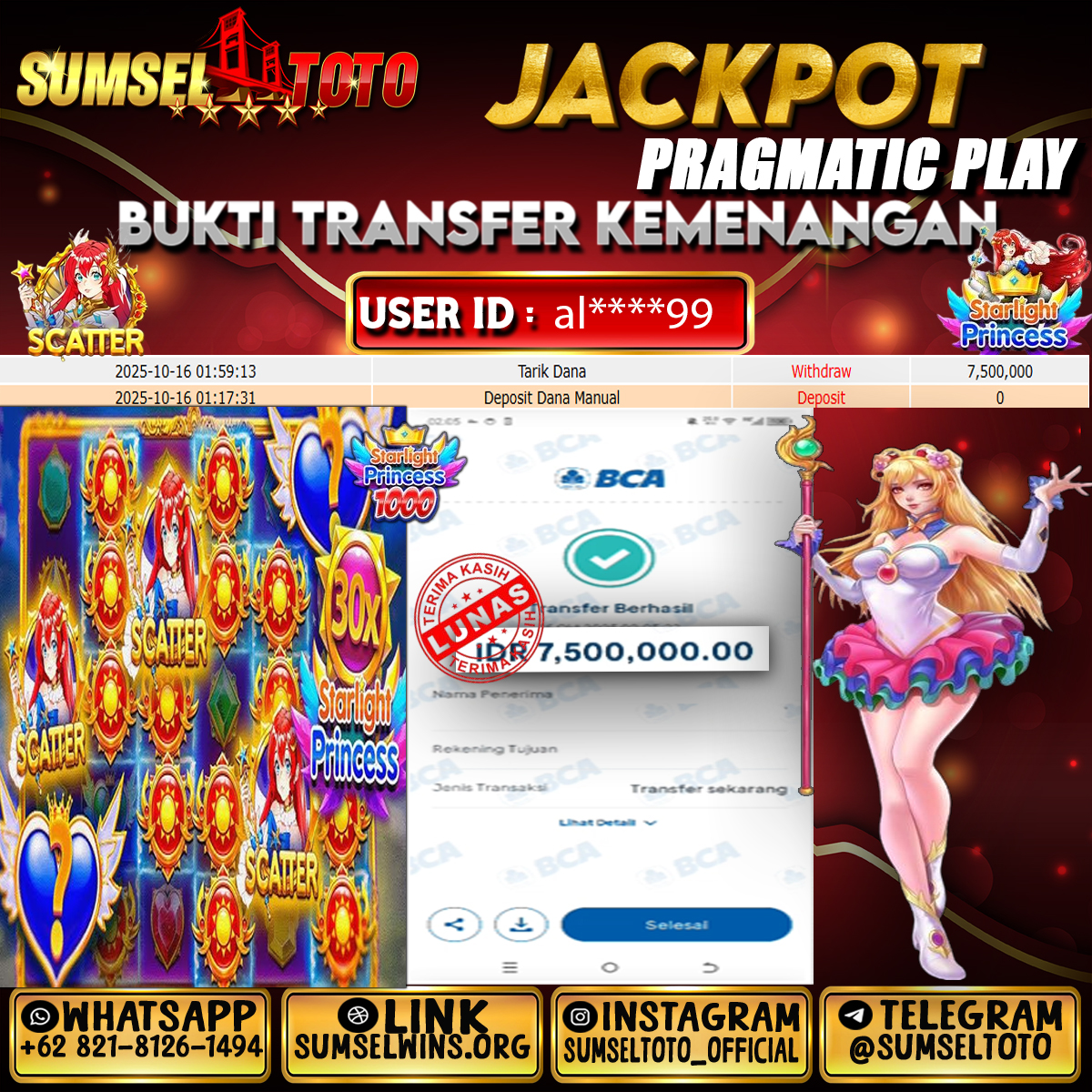 SUMSELTOTO JACKPOT STARLIGHT PRINCESS Rp.7,500,000.,- LUNAS