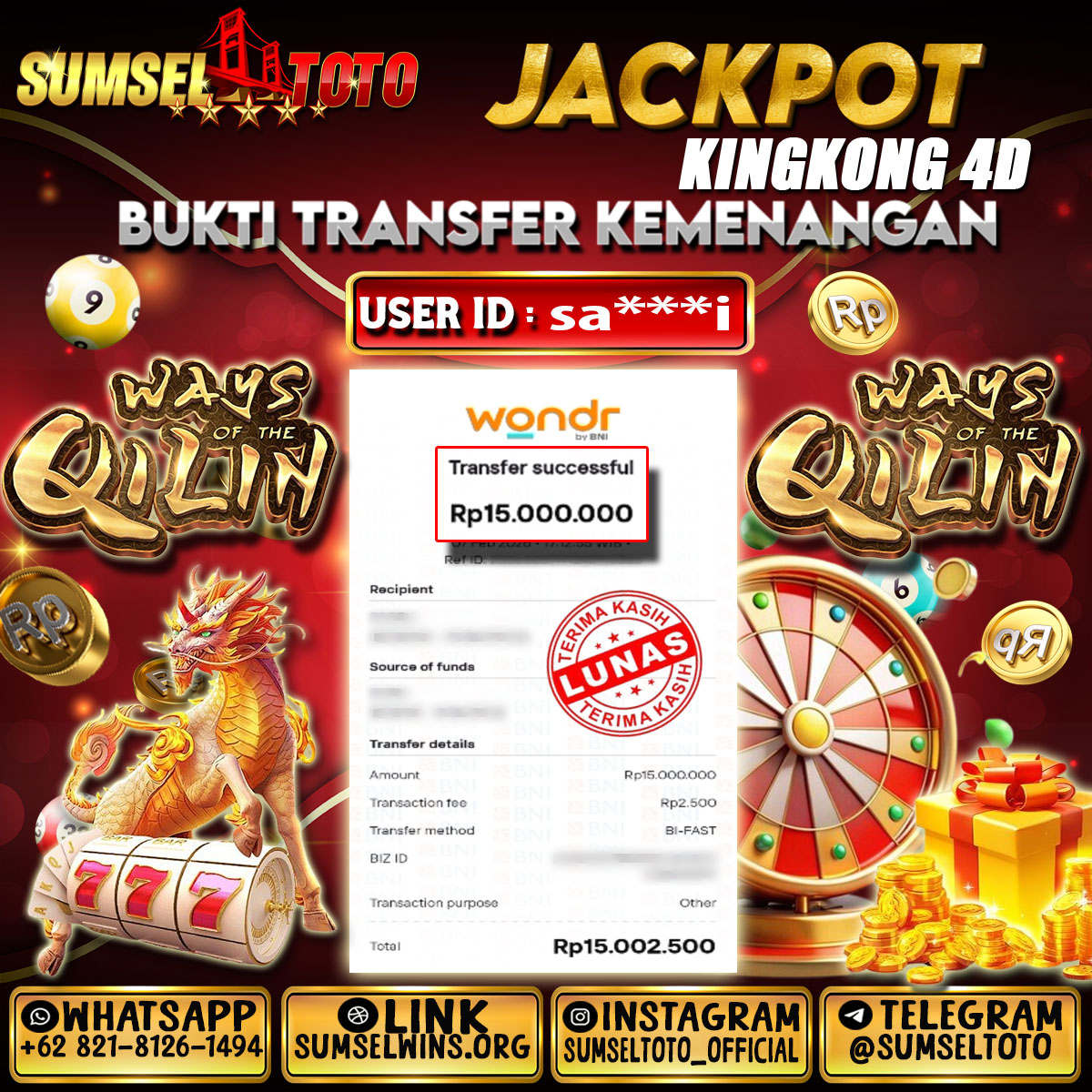 SUMSELTOTO JACKPOT WAYS OF THE QILIN  Rp.15,000,000.,- LUNAS