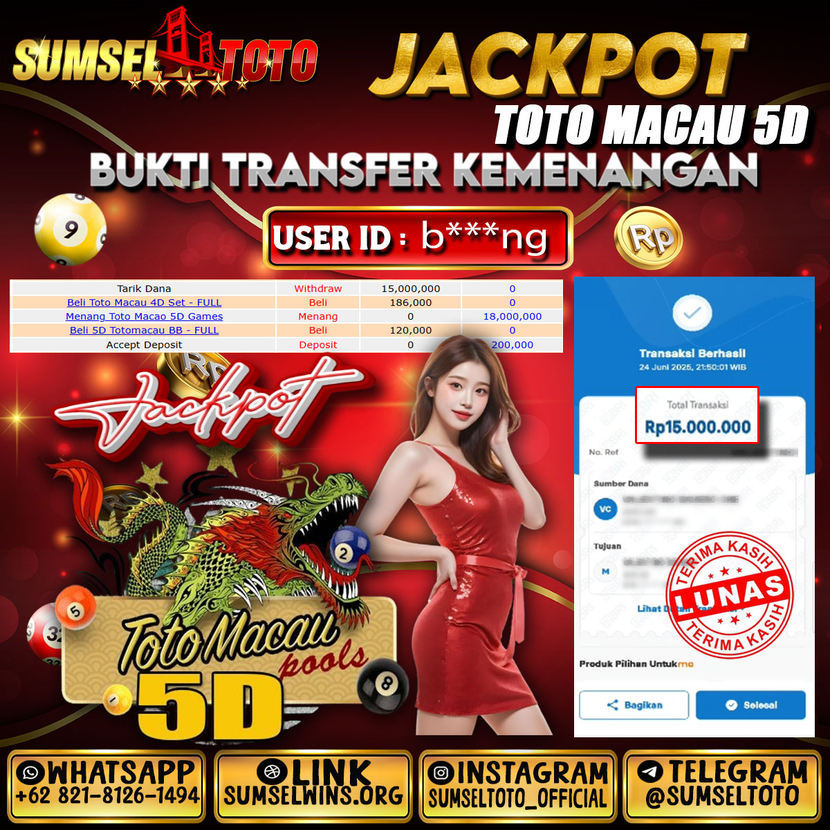 SUMSELTOTO JACKPOT TOTO MACAU 5D Rp.15,000,000.,- LUNAS