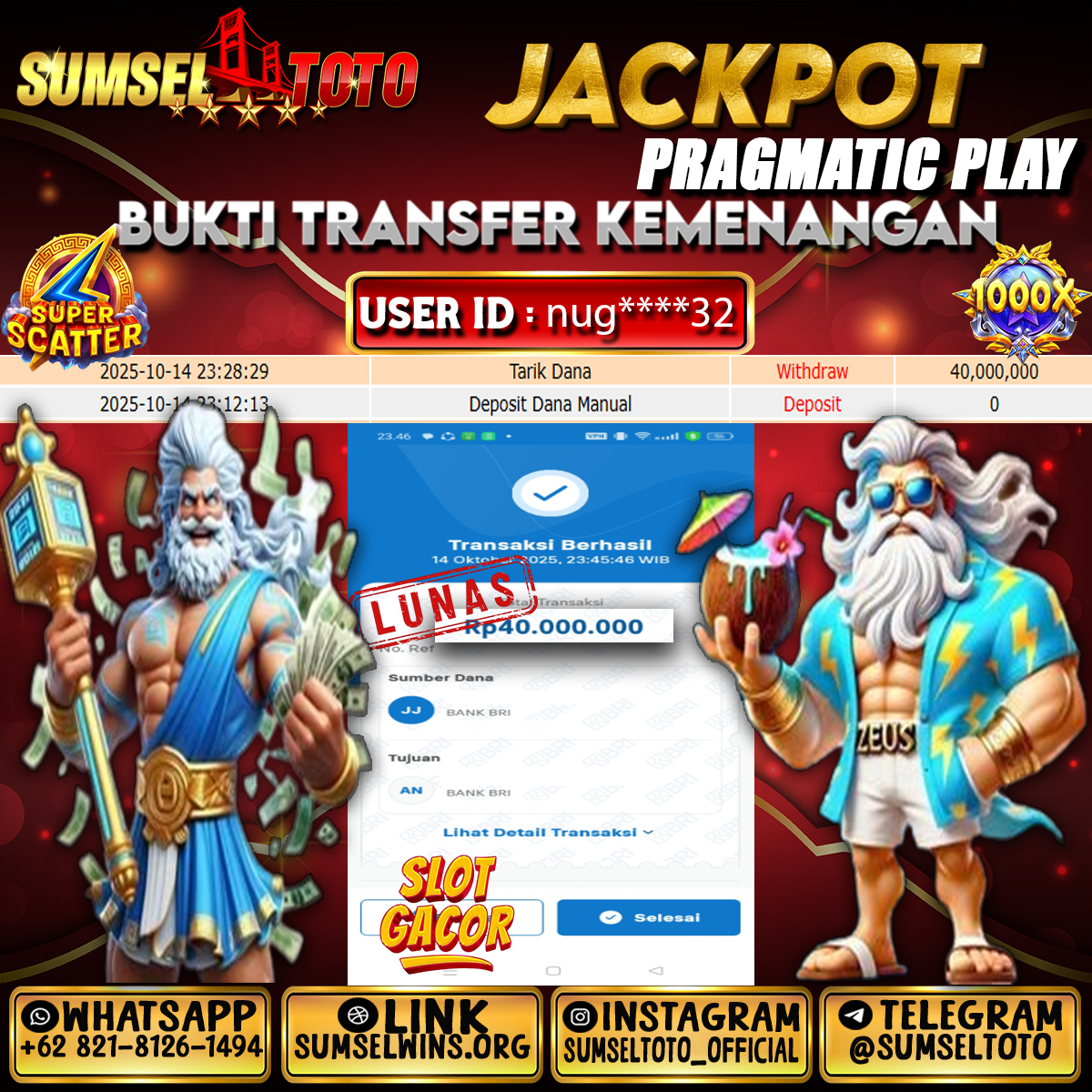 SUMSELTOTO JACKPOT ZEUS Rp.40,000,000.,- LUNAS